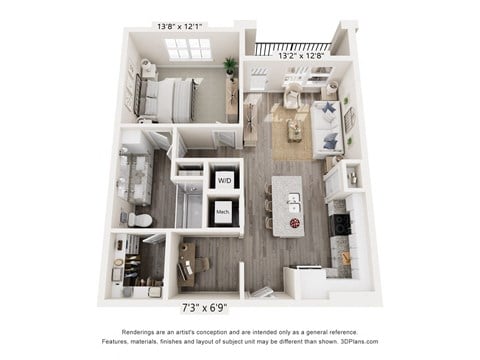 Floor plan for 1 bed, 1 bath, 842 sqft